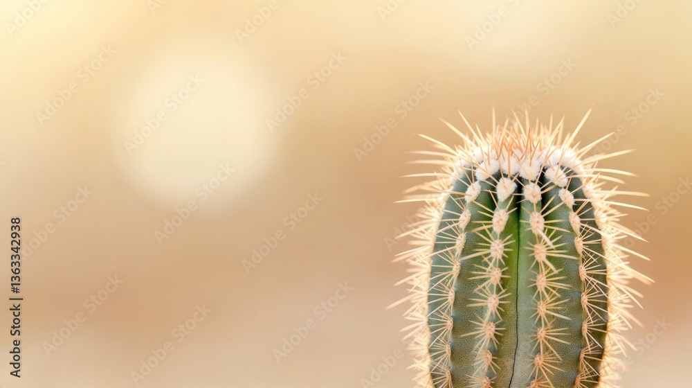 Obraz premium close-up of hardy desert cactus with spines against blurred sandy landscape offering ample copy space