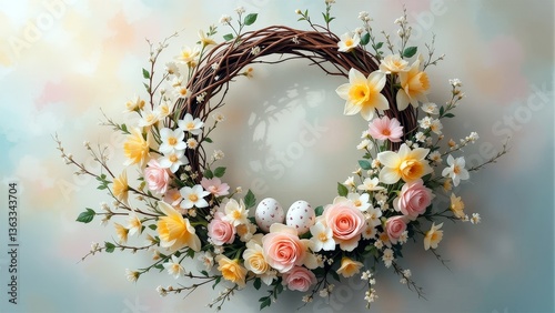 Spring floral wreath with pastel colors and delicate blooms hanging elegantly on a soft background