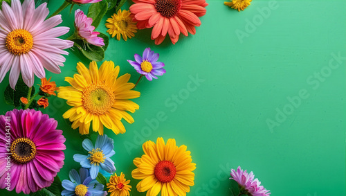 Vibrant colorful flowers beautifully arranged on a lush green background with ample space; perfect for a spring or summer gardening banner or card design that invites creativity.  