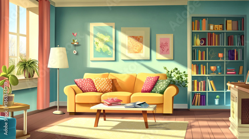 Interior of modern bright and colorful living room with sofa, bookshelf, reading table and personal items