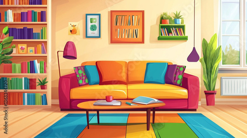Interior of modern bright and colorful living room with sofa, bookshelf, reading table and personal items