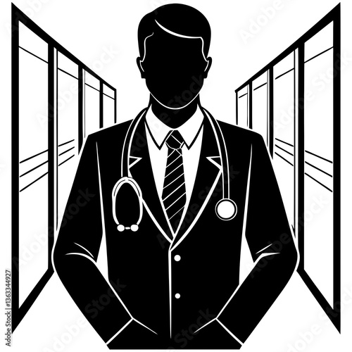 A silhouette of a doctor with a stethoscope around their neck, standing confidently in a hospital corridor