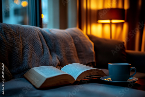  Interior of a modern living room, sofa, accent and all attention on the reading table, on which is an open book and a cup of coffee nearby