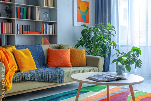 Interior of a modern bright and colorful living room with a sofa, a bookshelf, a reading table and personal items