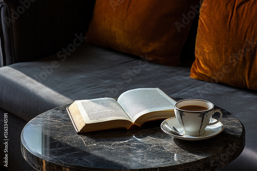  Interior of a modern living room, sofa, accent and all attention on the reading table, on which is an open book and a cup of coffee nearby