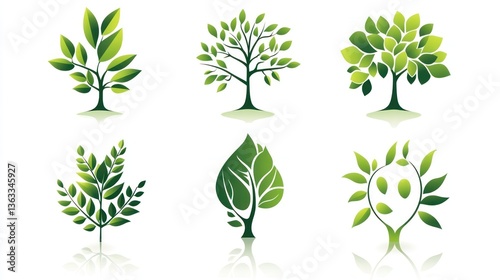 Six stylized green trees, nature icons, white background, ecology concept, website design