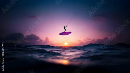 Silhouette of Kitesurfer Jumping at Sunset Over Ocean