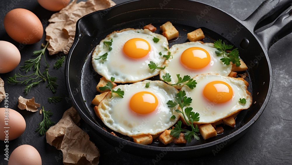 Top View of Fried Eggs in a Black Pan - Perfect for Breakfast Themes Top View of Fried Eggs in a Black Pan - Perfect for Breakfast Themes
