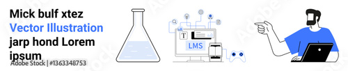 Beaker symbolizing science, digital LMS interface with device connections, person presenting data. Ideal for education, e-learning, technology, analytics, innovation, scientific research flat