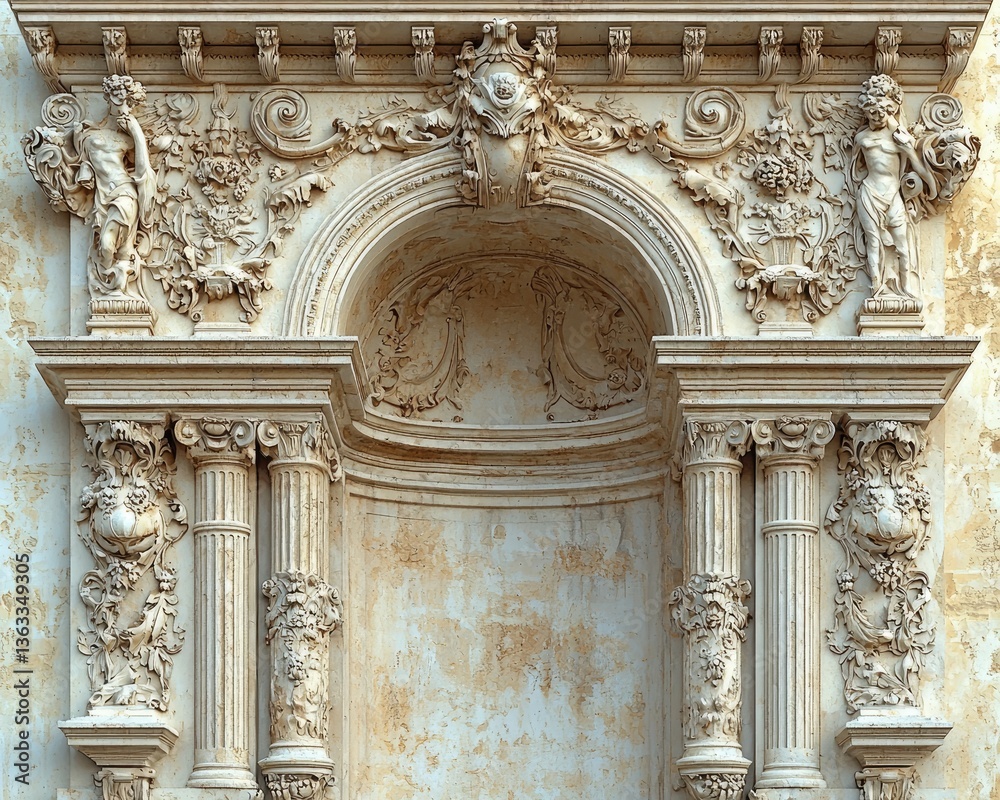 Ornate Baroque Architecture with Intricate Carvings and Weathered Texture Ornate Baroque Architecture with Intricate Carvings and Weathered Texture