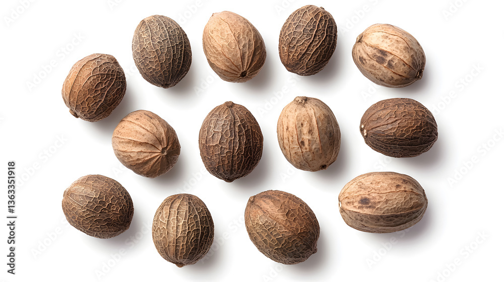 Several Whole Nutmeg Seeds Arranged in a Circular Pattern on White Background for Culinary Use Several Whole Nutmeg Seeds Arranged in a Circular Pattern on White Background for Culinary Use