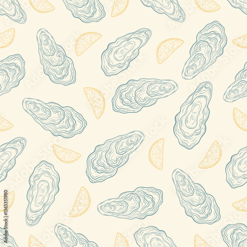 Hand-drawn oysters and lemon slices seamless pattern. Sea creatures. Designed for wrapping paper, packaging, fabric, and textiles. Vector illustration.