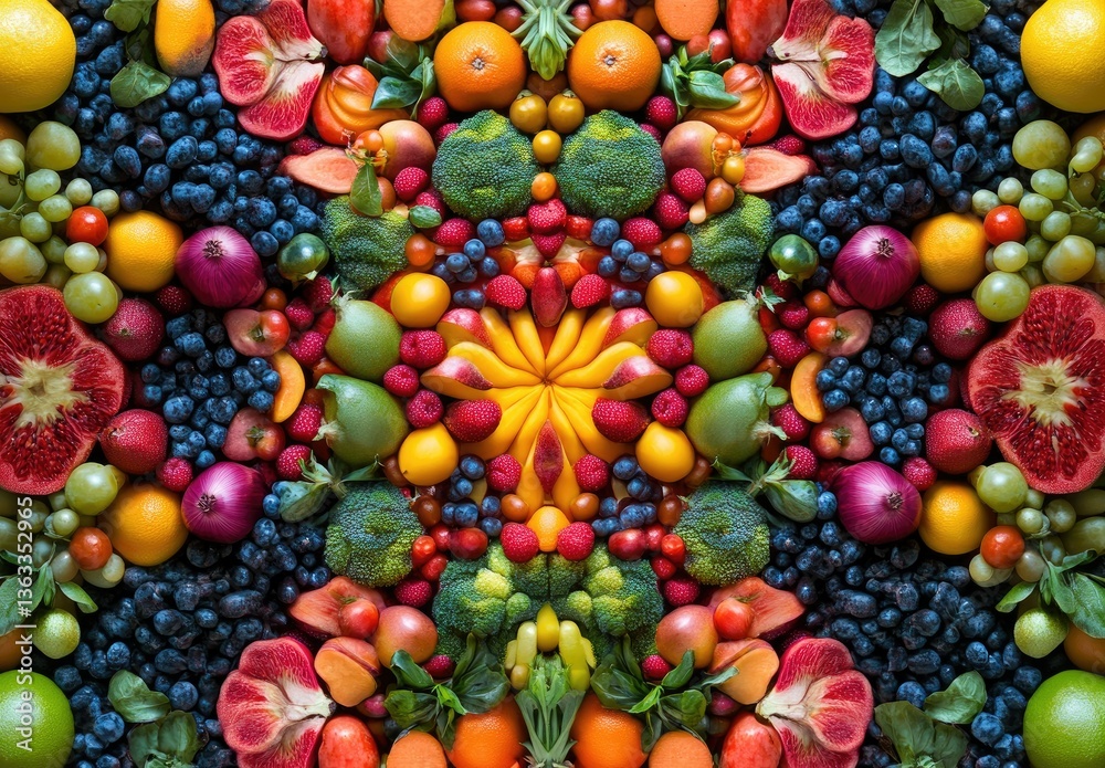 Arrangement of Fresh Fruits and Vegetables Creating a Kaleidoscope Pattern Arrangement of Fresh Fruits and Vegetables Creating a Kaleidoscope Pattern