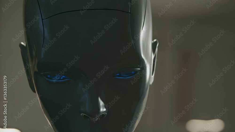 Curious android undergoing analysis, glowing eyes and expressionless face