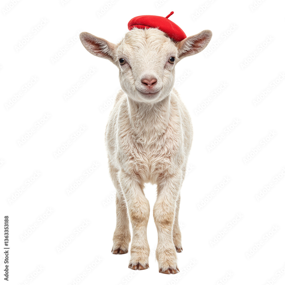 Fototapeta premium Adorable tiny goat kid in a stylish red beret exuding charm and cuteness Perfect for fashion or animal lovers