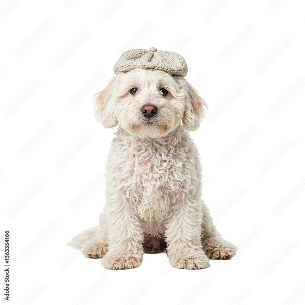 Obraz premium A charming Komondor dog in a farmers cap its corded fur resembling a fluffy cloud Playful and endearing on a white backdrop