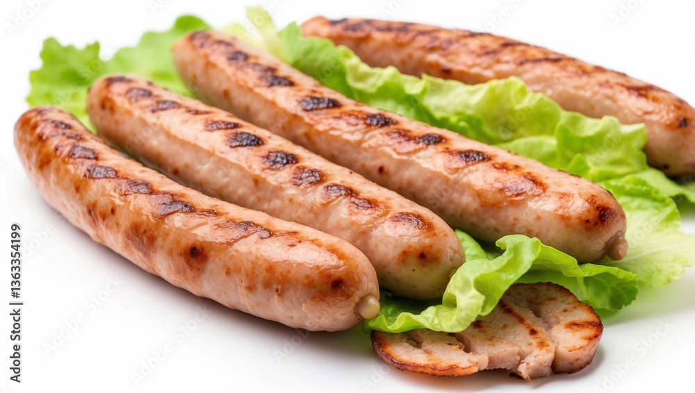 Grilled Pork Sausages with Fresh Lettuce Isolated on a White Background - Perfect for BBQ and Culinary Presentations Grilled Pork Sausages with Fresh Lettuce Isolated on a White Background - Perfect for BBQ and Culinary Presentations
