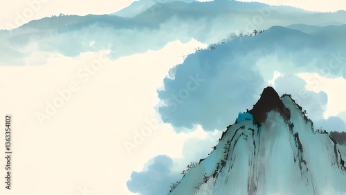 Misty Blue and Green Mountains in a Tranquil Landscape Painting