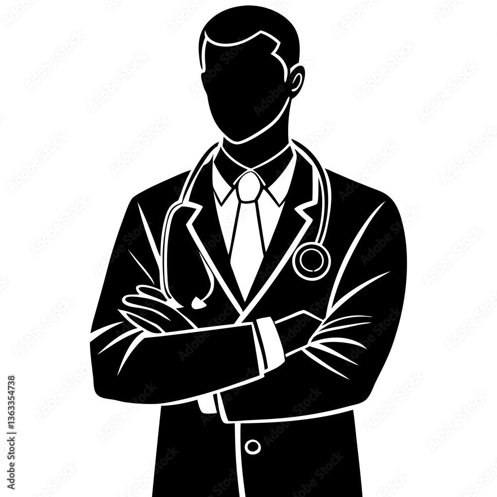 silhouette of a doctor wearing a stethoscope, standing with a serious expression, arms crossed silhouette of a doctor wearing a stethoscope, standing with a serious expression, arms crossed
