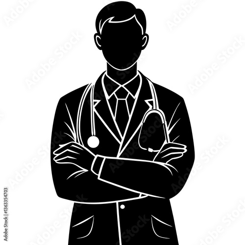 silhouette of a doctor wearing a stethoscope, standing with a serious expression, arms crossed 