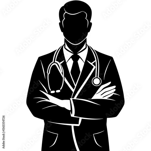 silhouette of a doctor wearing a stethoscope, standing with a serious expression, arms crossed 