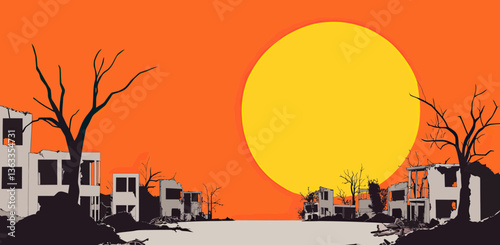 The sun sets over a ruined city, its fading light illuminating a skeletal tree in the foreground. The scene is eerily quiet, with crumbling buildings and a sense of emptiness stretching into the