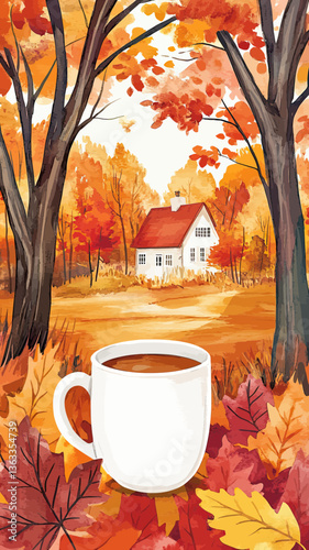 The illustration captures a snug cabin and a comforting warm beverage in a fall setting