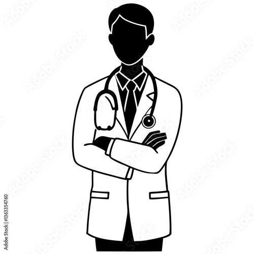 silhouette of a doctor wearing a stethoscope, standing with a serious expression, arms crossed 