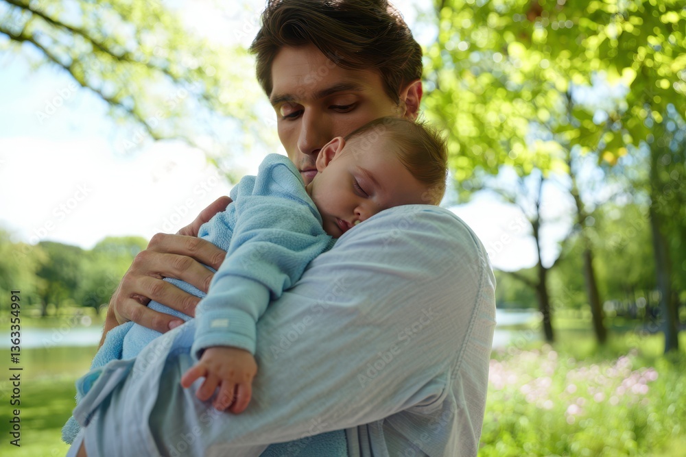 Father embracing sleeping infant in tranquil park setting Father embracing sleeping infant in tranquil park setting