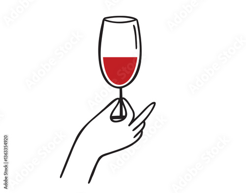 Female hand holding glass of red wine doodle hand drawn icon. Outline drawing hand holding wine glass line clipart symbol