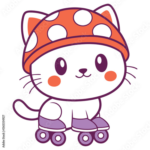 Cute Cat on Roller Skates with Mushroom Hat Cartoon on White