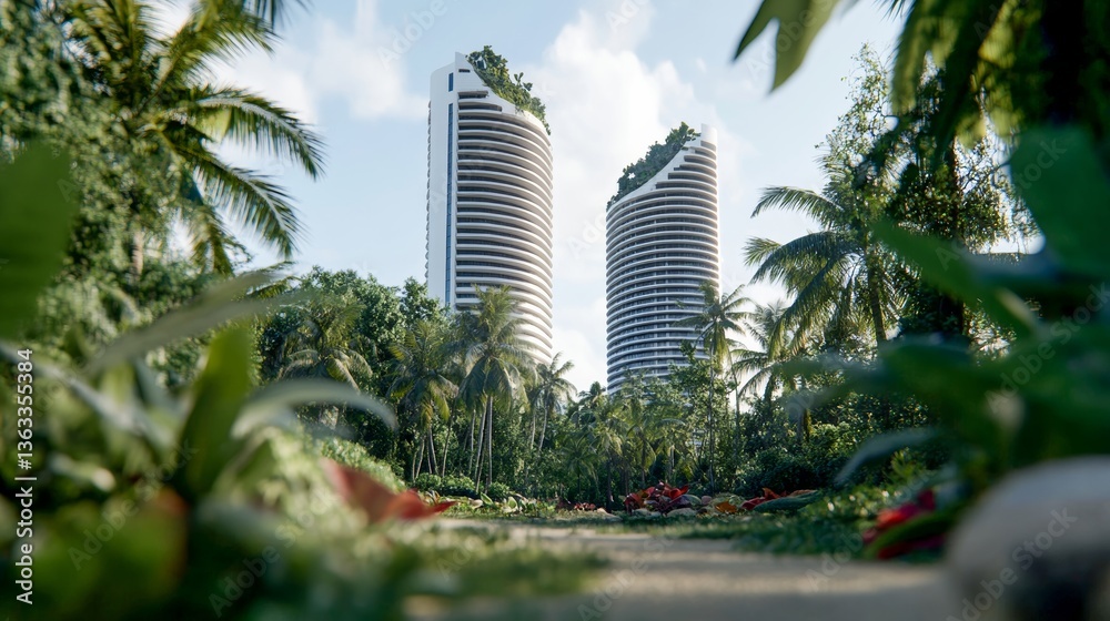Fototapeta premium Modern architecture emerging from lush greenery in a tropical environment