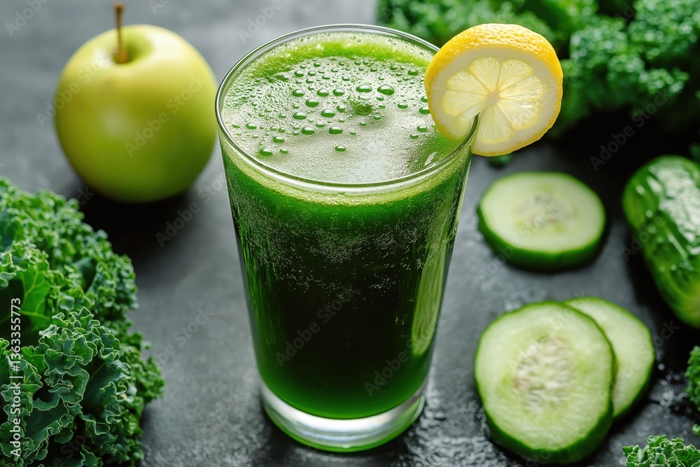 Vibrant Green Juice in a Glass Surrounded by Fresh Ingredients Vibrant Green Juice in a Glass Surrounded by Fresh Ingredients