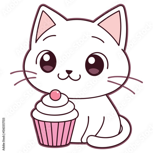 Kawaii White Cat with Cupcake, Cute Cartoon Animal, Sweet Dessert on Transparent Background