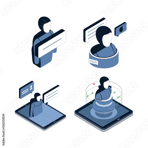 Isometric illustration of digital user profiles and avatars with interaction elements