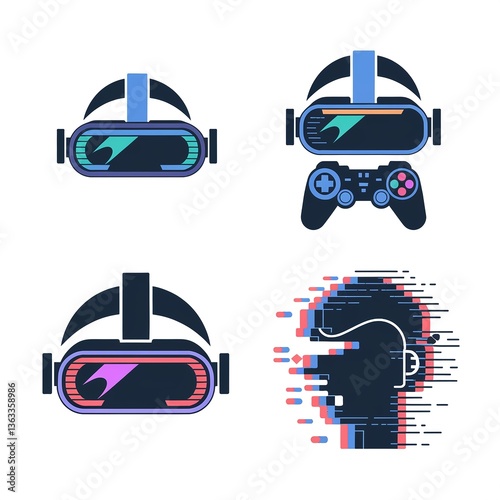 Illustration of Virtual Reality Headset and Controller with Glitch Effect