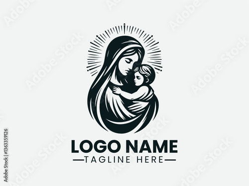 Mary Holding Baby Jesus Affection Vector Logo Design. Mother Mary Baby Jesus Logo