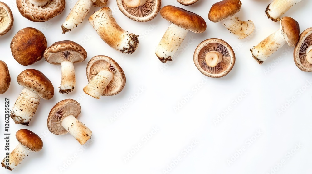 Brown Mushrooms Flatlay Composition on White Background Brown Mushrooms Flatlay Composition on White Background