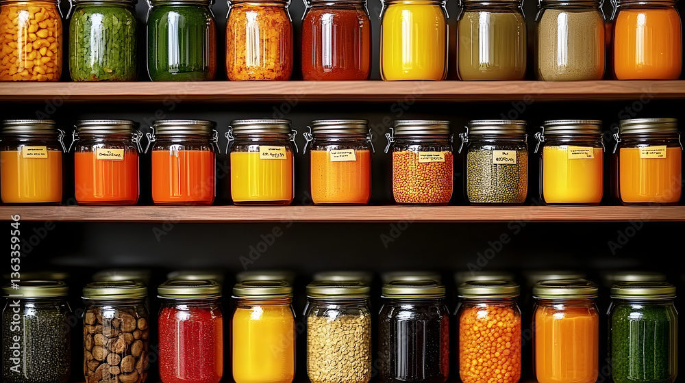 Organized pantry shelf displaying jars of various foods with clear labels for easy identification and access