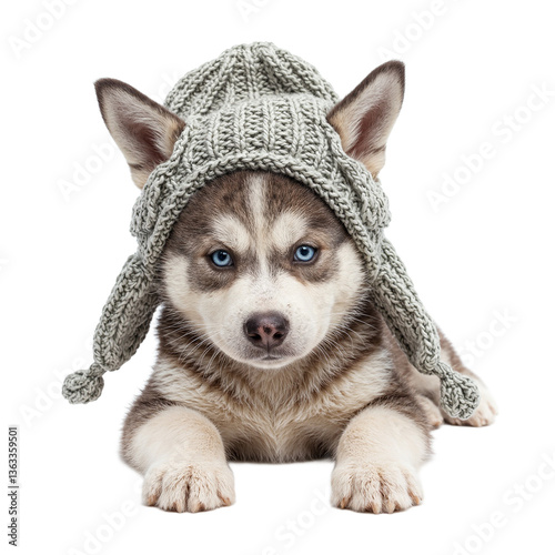 Adorable Siberian Husky pup with striking blue eyes wearing a cozy trapper hat set against a clean white background