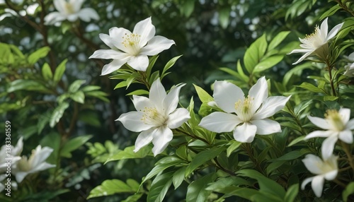 Fresh white tea blossom surrounded by vibrant green leaves, springtime, tranquility, decorative, beauty in nature
