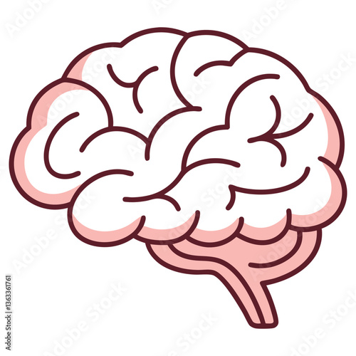 Simplified Human Brain Icon, Anatomical Organ with Pink Outline, on Transparent Background