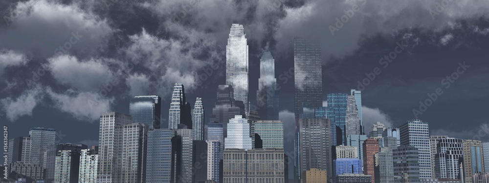 Fototapeta premium Dark city, Manhattan skyscrapers, 3D rendering