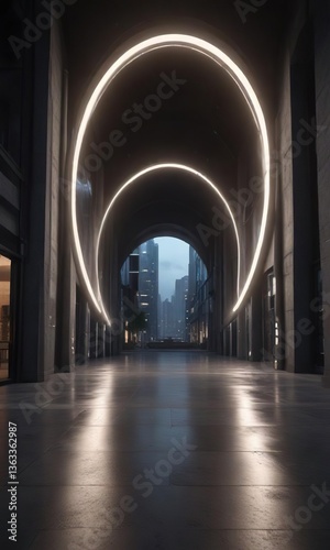 Futuristic architecture with illuminated circle at end, urban, architecture, circle