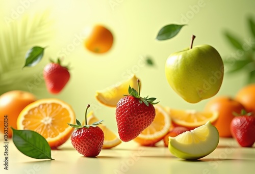 vibrant colorful fruit assortment floating studio air fresh juicy bounty healthy concept art arrangement, banana, apple, grape, kiwi, mango, berry, pineapple