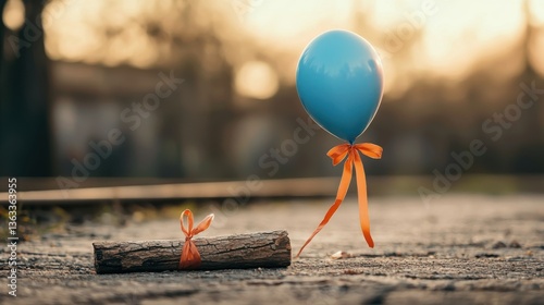 Blue balloon and log with orange ribbons on pavement