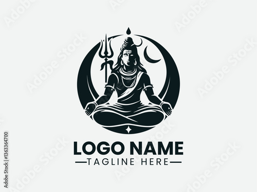 Lord Shiva Meditating Trident Crescent Moon Logo Design, Shiva Meditation Trident Moon Logo