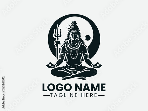 Lord Shiva Meditating Trident Crescent Moon Logo Design, Shiva Meditation Trident Moon Logo