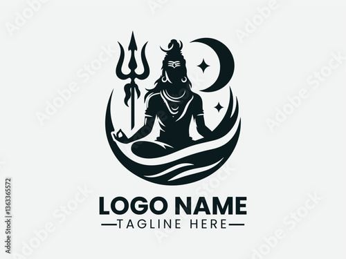 Lord Shiva Meditating Trident Crescent Moon Logo Design, Shiva Meditation Trident Moon Logo