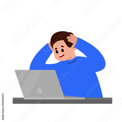 a man staring at a laptop. Stressed cartoon business man in Office Work Place. Stress at work. 